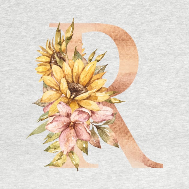 Watercolor sunflower bouquet monogram letter R by tiana geo